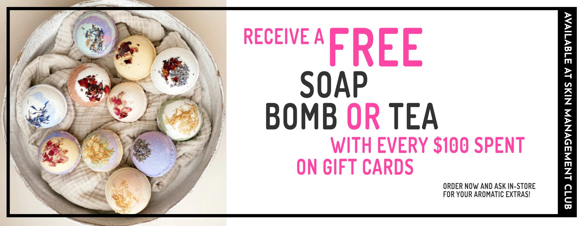 Gift Cards for Facials, Treatments and Skincare Products + Get free bath bombs, soaps and teas!